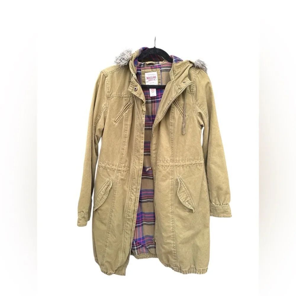 Mossimo Supply Co. Khaki Utility Jacket with Plaid Lining Super Soft Hoodie fur